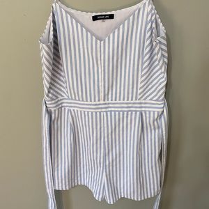 Baby blue and white striped romper.